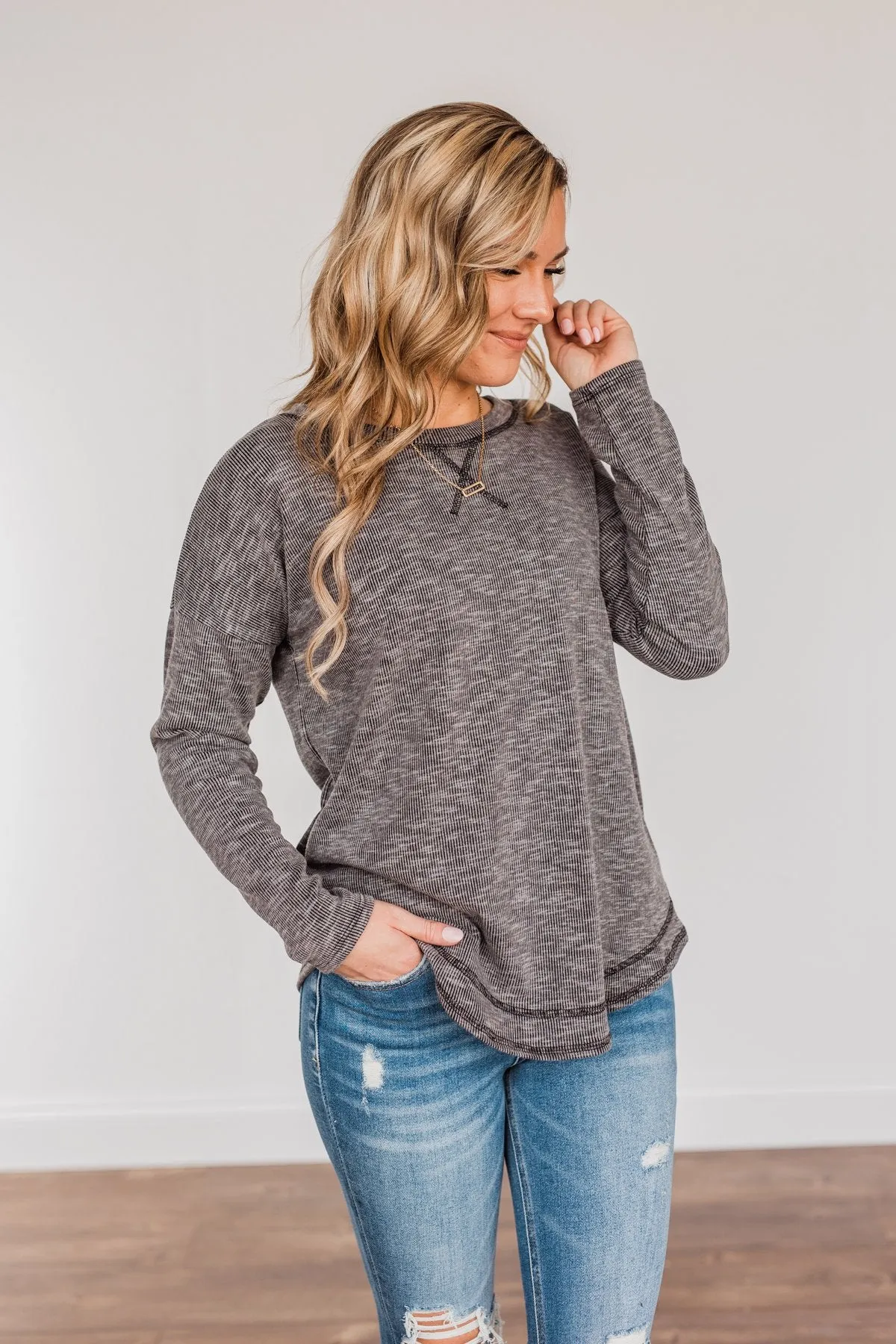 Feeling Lovely Long Sleeve Shirt- Charcoal