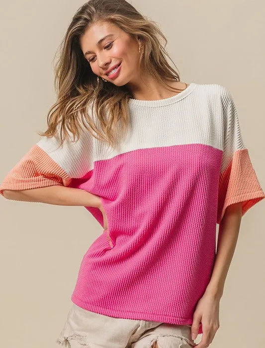 FINAL SALE - Fuchsia & Peach Ribbed Top