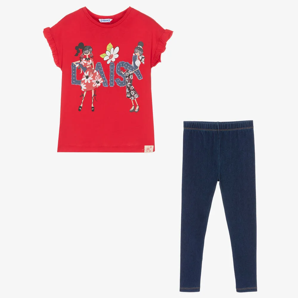 Girls Red & Blue Leggings Set