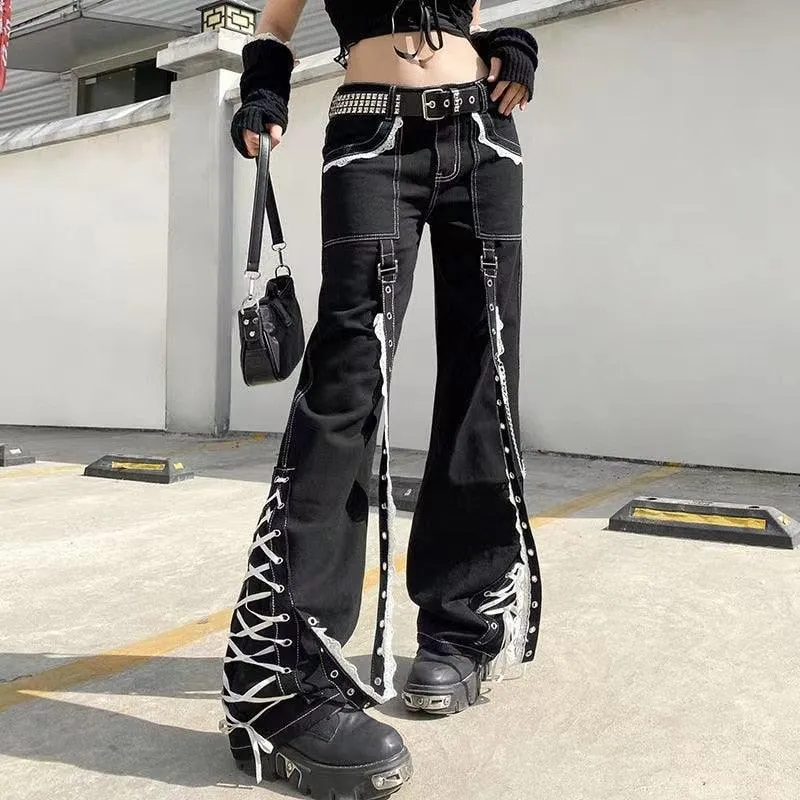 Gothic Aesthetic Lace Up Patchwork Bandage Trousers Straight Pants