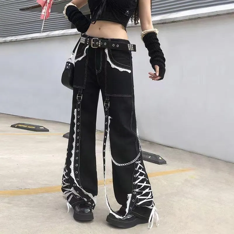 Gothic Aesthetic Lace Up Patchwork Bandage Trousers Straight Pants