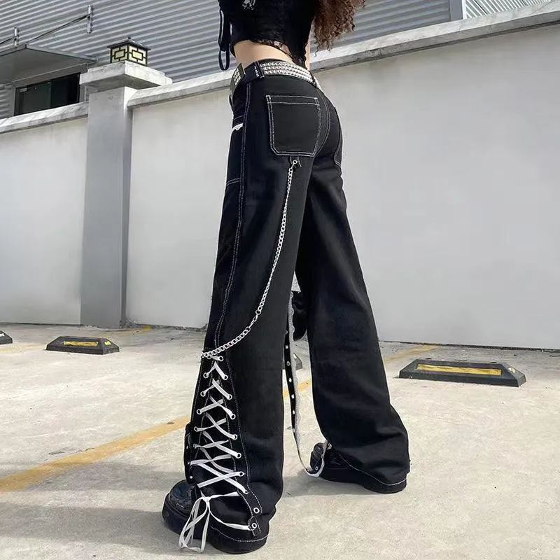 Gothic Aesthetic Lace Up Patchwork Bandage Trousers Straight Pants