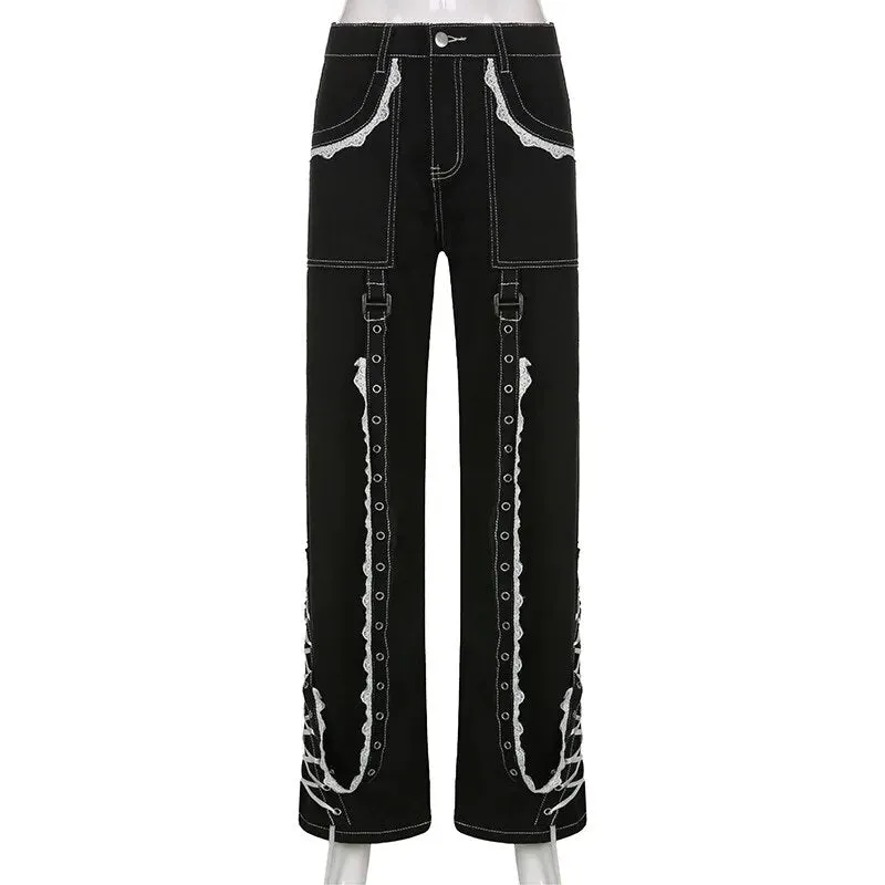 Gothic Aesthetic Lace Up Patchwork Bandage Trousers Straight Pants