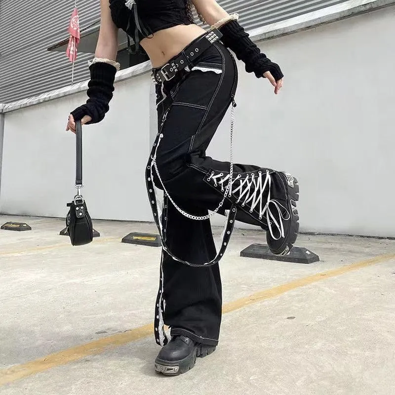 Gothic Aesthetic Lace Up Patchwork Bandage Trousers Straight Pants