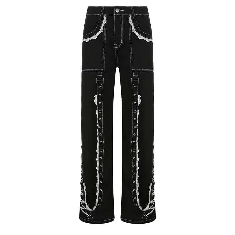 Gothic Aesthetic Lace Up Patchwork Bandage Trousers Straight Pants