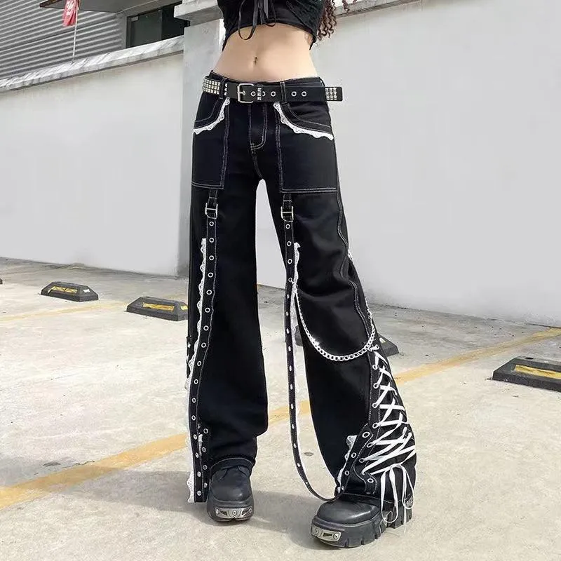 Gothic Aesthetic Lace Up Patchwork Bandage Trousers Straight Pants