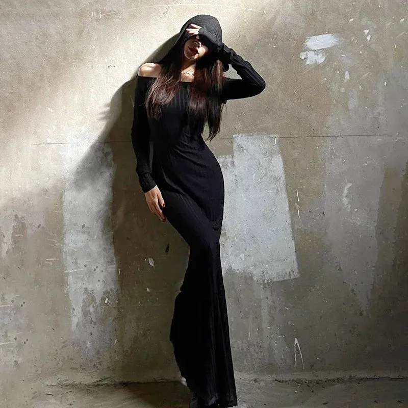 Gothic Hooded Knit Maxi Off Shoulder Ribbed Bodycon Long Sleeve Dark Style Dress