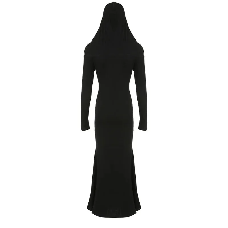 Gothic Hooded Knit Maxi Off Shoulder Ribbed Bodycon Long Sleeve Dark Style Dress