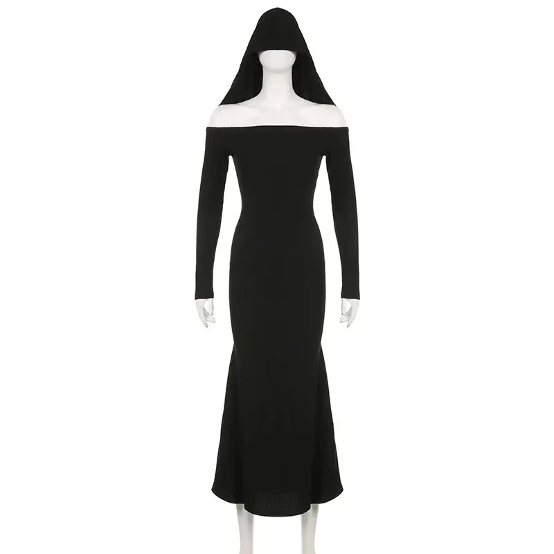 Gothic Hooded Knit Maxi Off Shoulder Ribbed Bodycon Long Sleeve Dark Style Dress