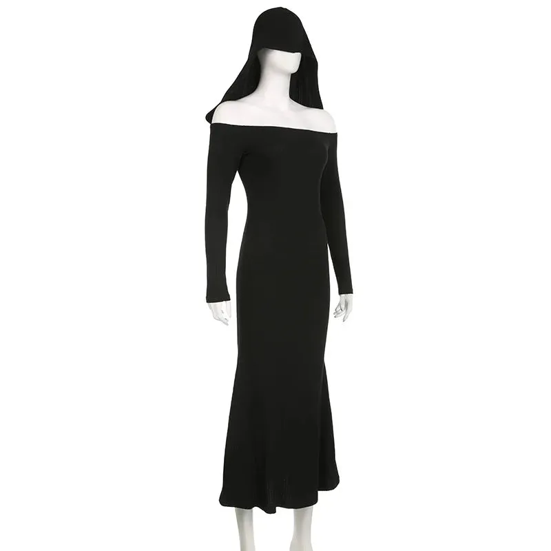 Gothic Hooded Knit Maxi Off Shoulder Ribbed Bodycon Long Sleeve Dark Style Dress