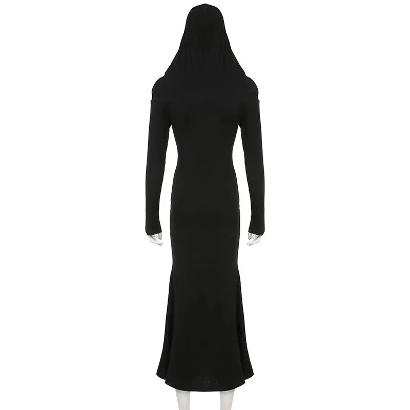 Gothic Hooded Knit Maxi Off Shoulder Ribbed Bodycon Long Sleeve Dark Style Dress