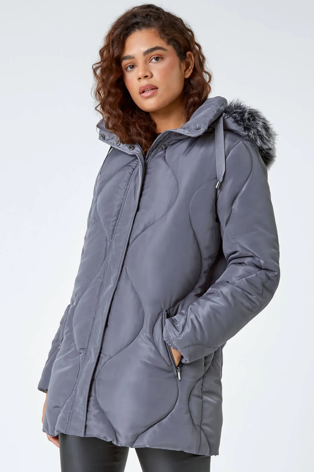 Grey  Quilted Faux Fur Hooded Coat | Roman UK