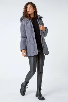 Grey  Quilted Faux Fur Hooded Coat | Roman UK