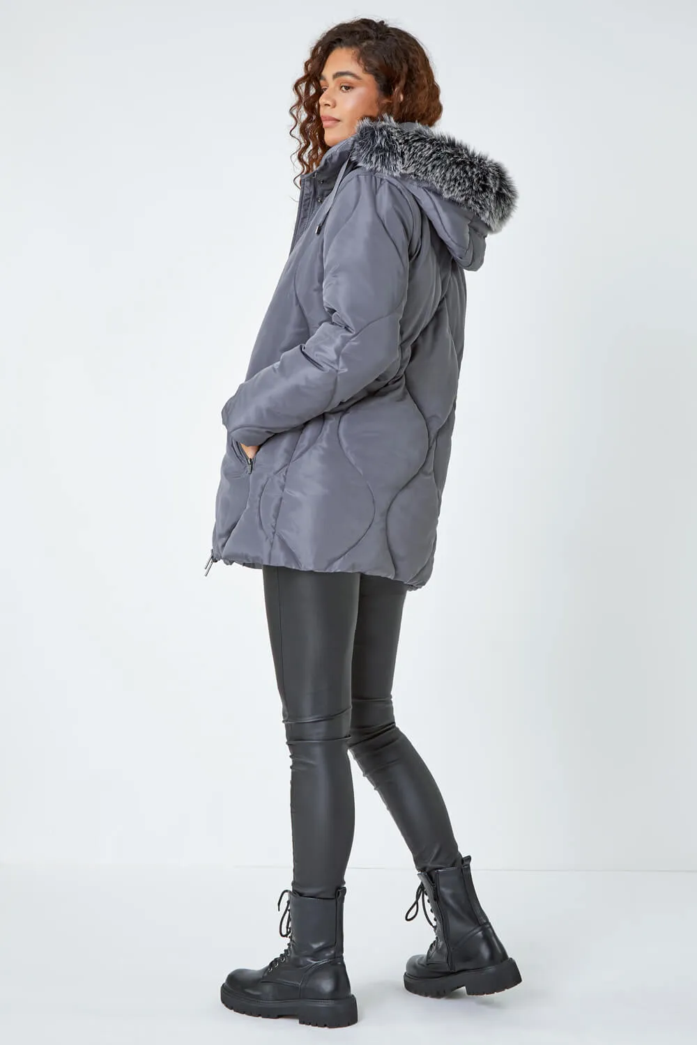 Grey  Quilted Faux Fur Hooded Coat | Roman UK