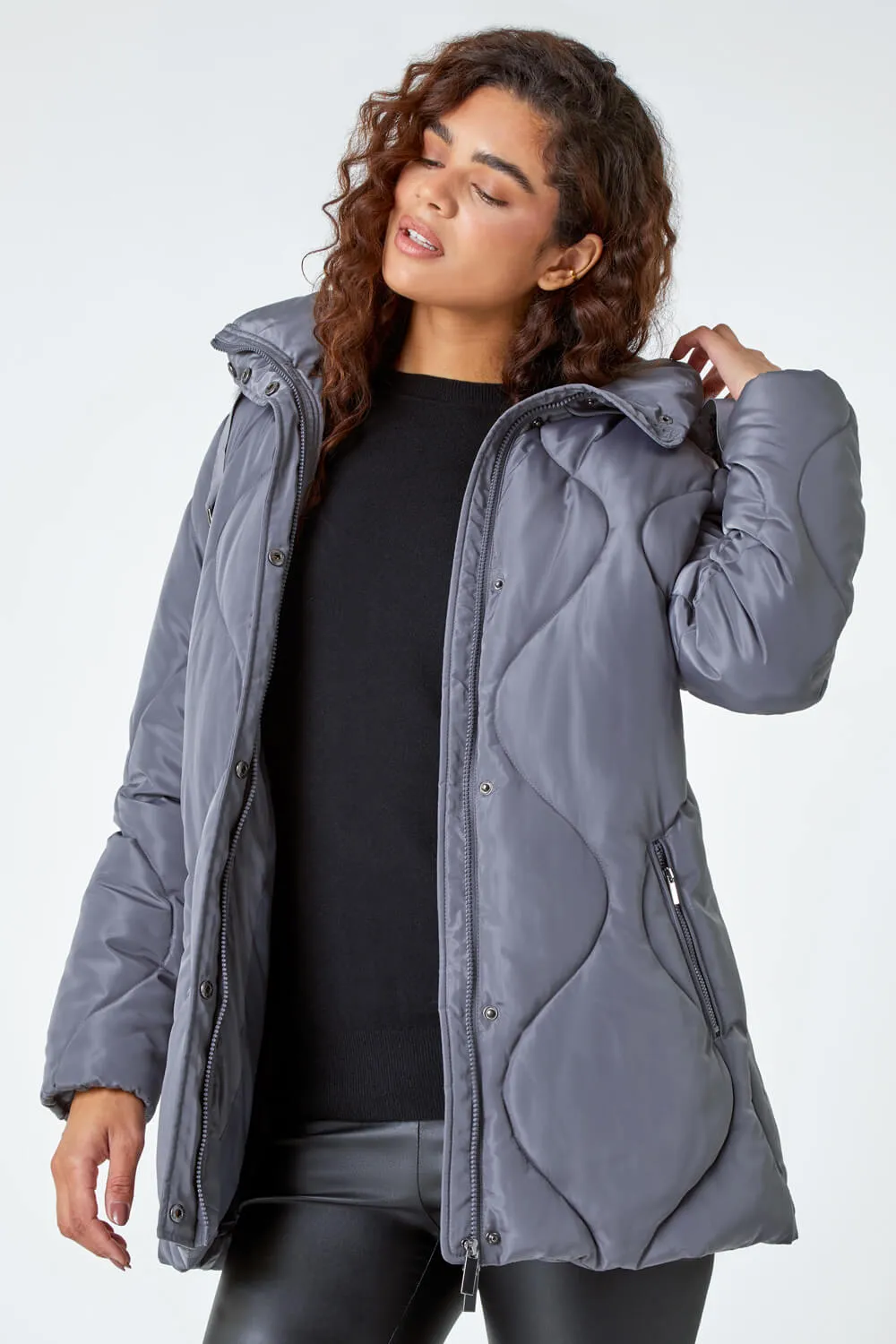 Grey  Quilted Faux Fur Hooded Coat | Roman UK