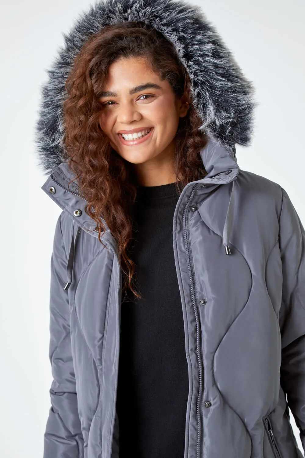 Grey  Quilted Faux Fur Hooded Coat | Roman UK