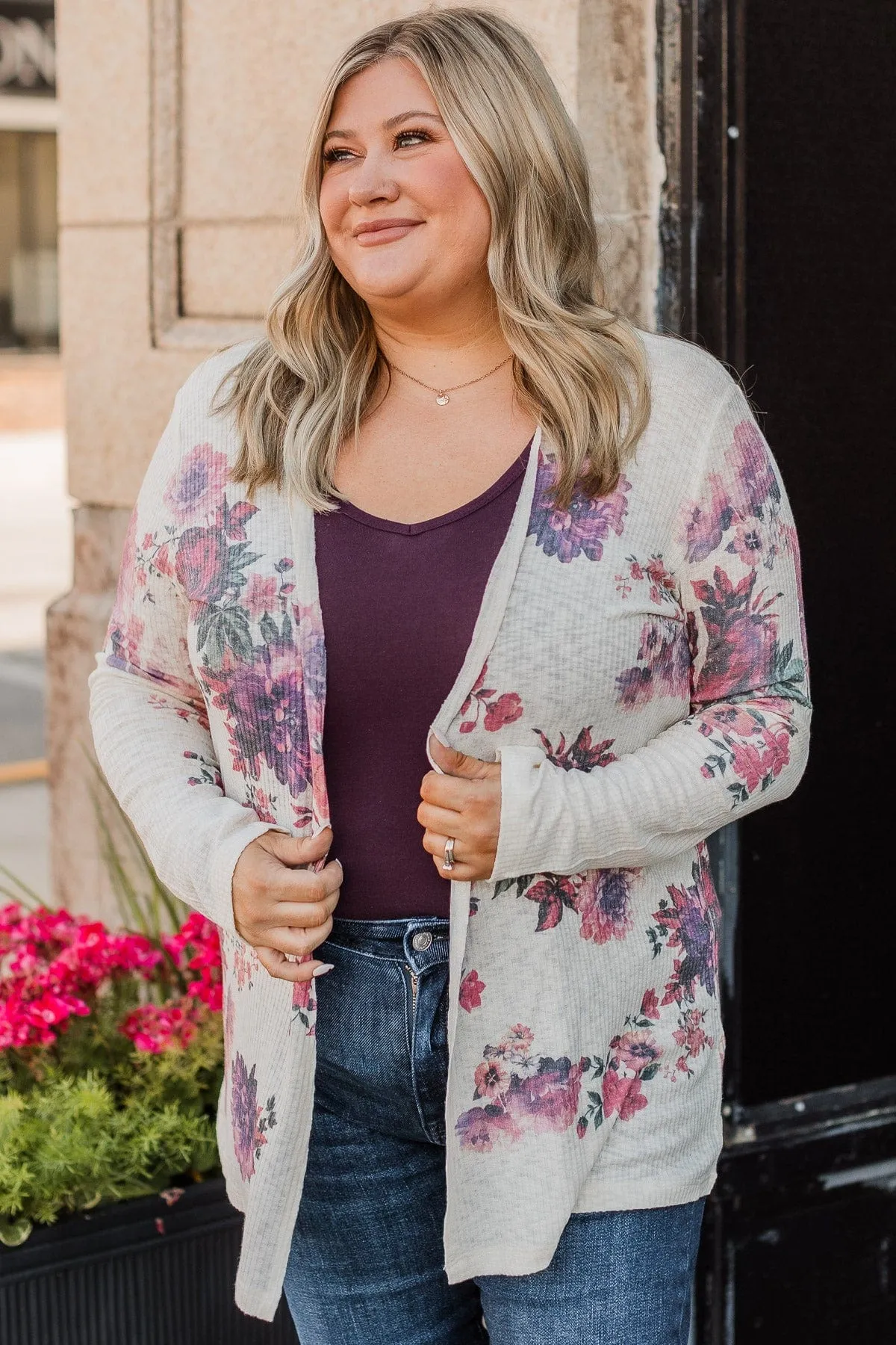 Happiness Guaranteed Floral Cardigan- Cream & Plum