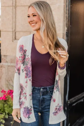 Happiness Guaranteed Floral Cardigan- Cream & Plum