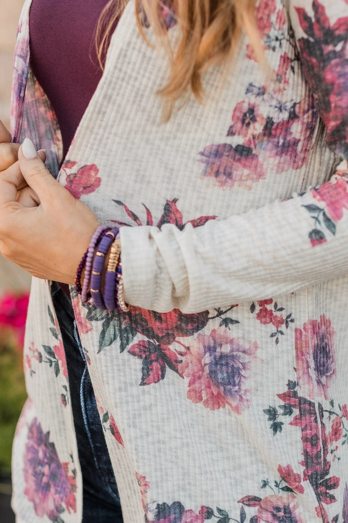 Happiness Guaranteed Floral Cardigan- Cream & Plum