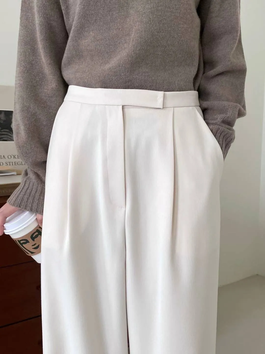 Julie Cream High Waist Straight Trousers