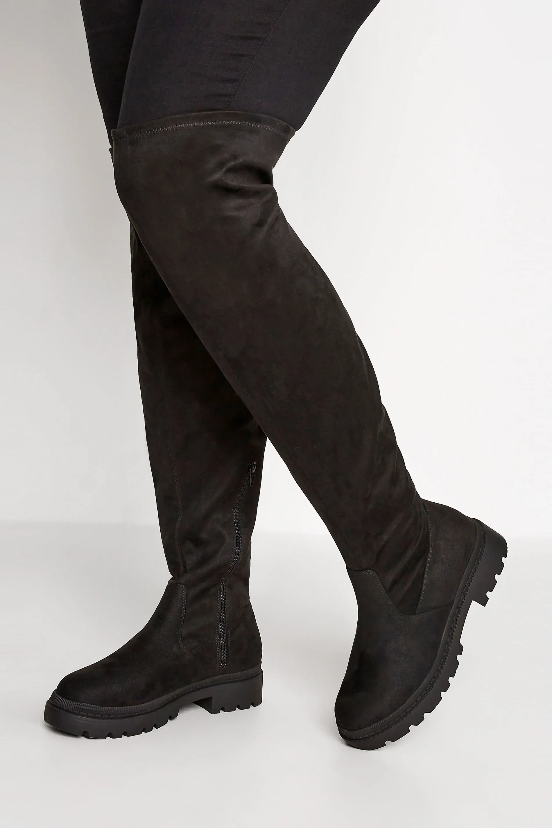 LIMITED COLLECTION Black Suede Over The Knee Chunky Boots In Wide E Fit & Extra Wide EEE Fit