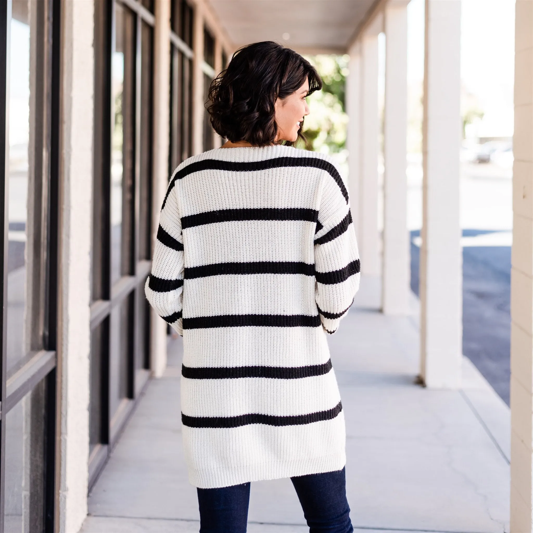 Long Cozy Striped Cardigan: Beige/Black