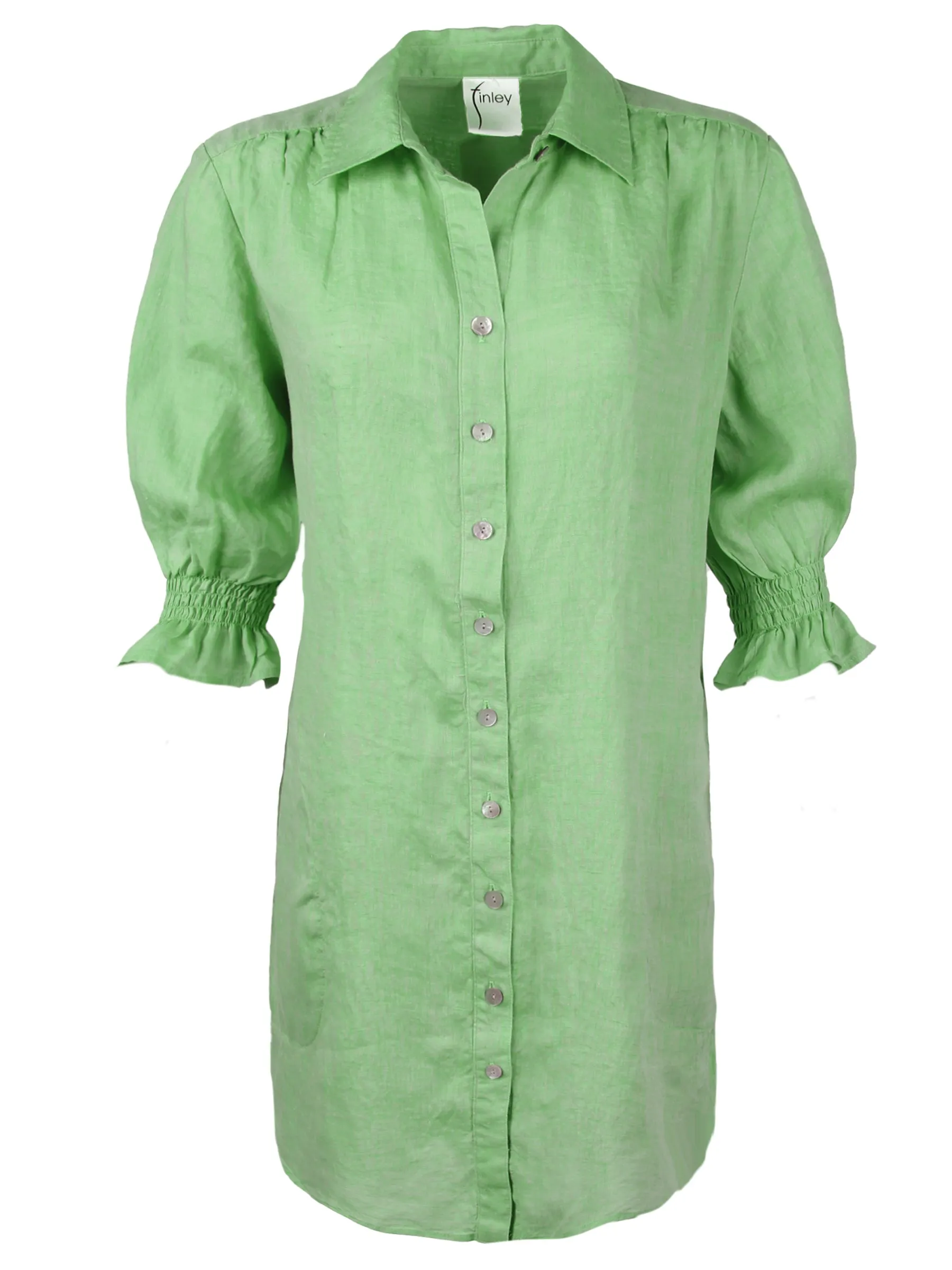 Miller Puff Sleeve Green Tea Washed Linen Shirt Dress