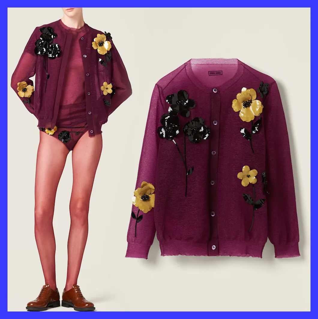 MiuMiu  |Flower Patterns Nylon Long Sleeves Logo Cardigans