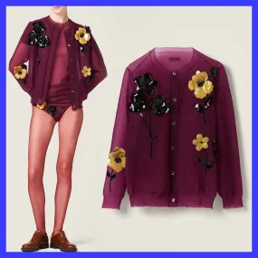 MiuMiu  |Flower Patterns Nylon Long Sleeves Logo Cardigans