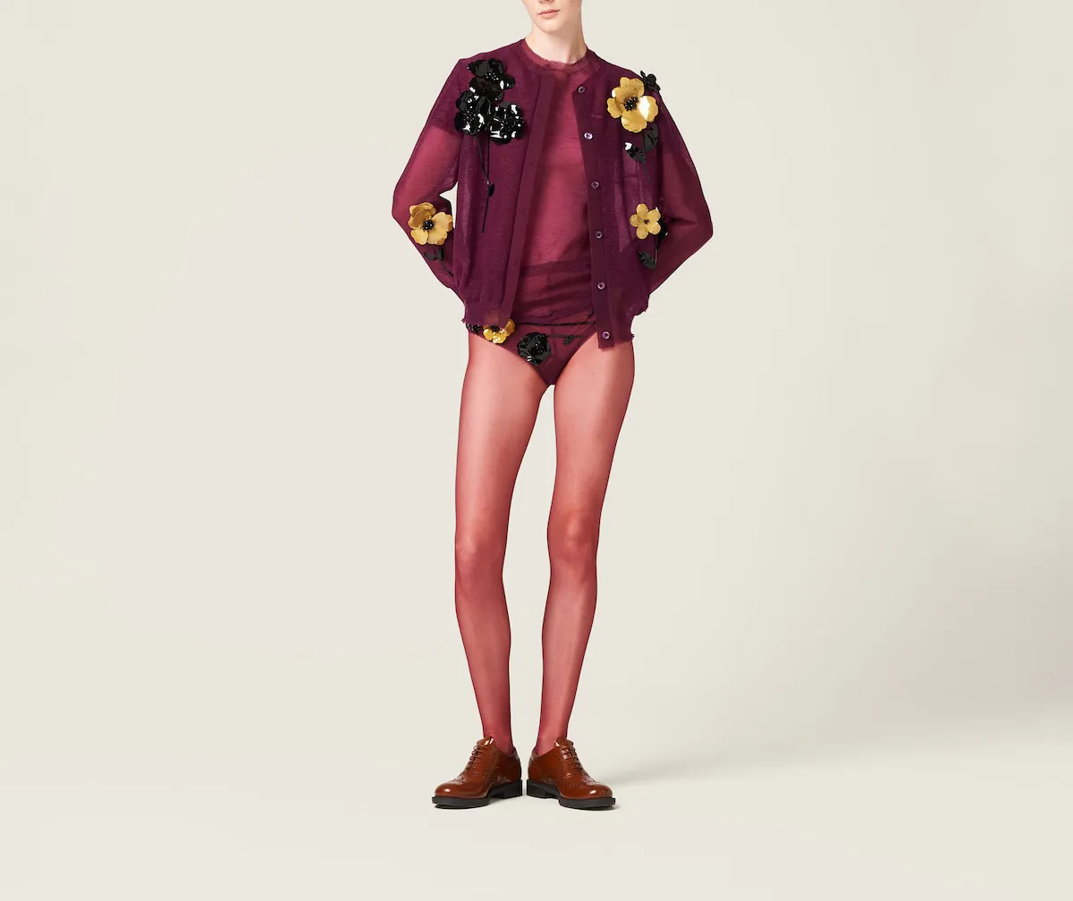 MiuMiu  |Flower Patterns Nylon Long Sleeves Logo Cardigans