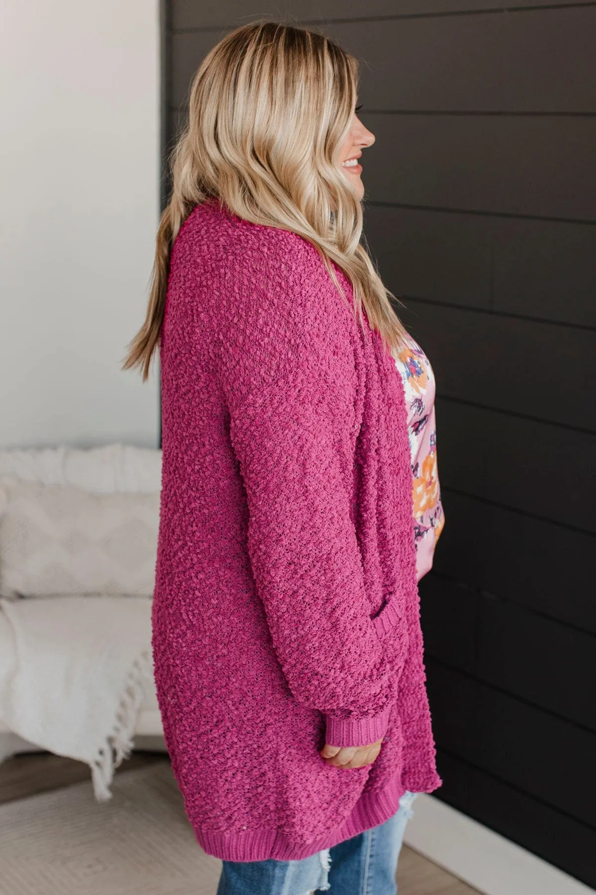 Movie Date Popcorn Knit Cardigan- Magenta