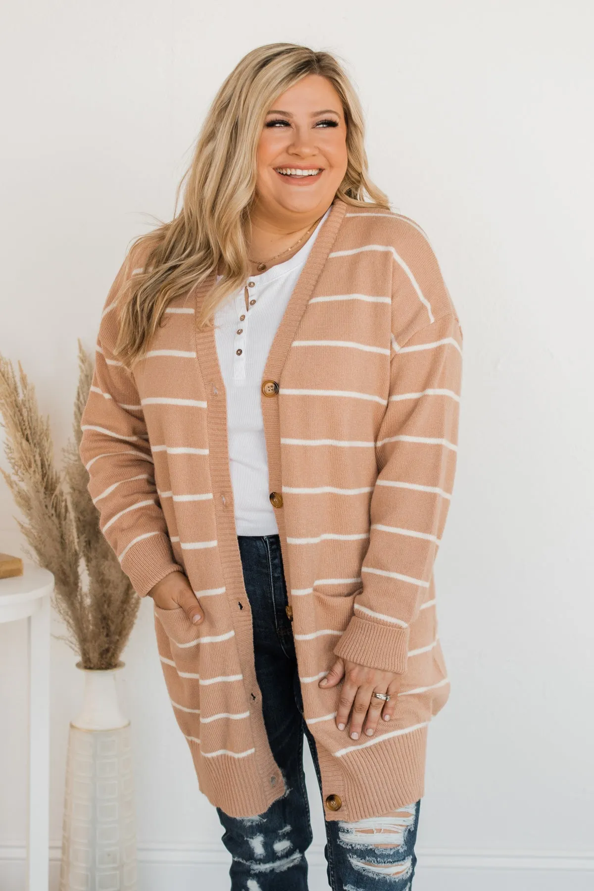 No Apologies Striped Button Cardigan- Beige