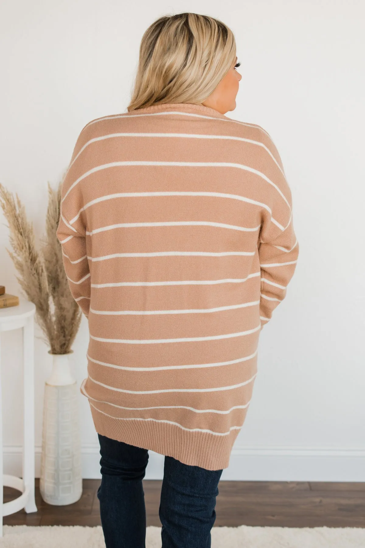 No Apologies Striped Button Cardigan- Beige