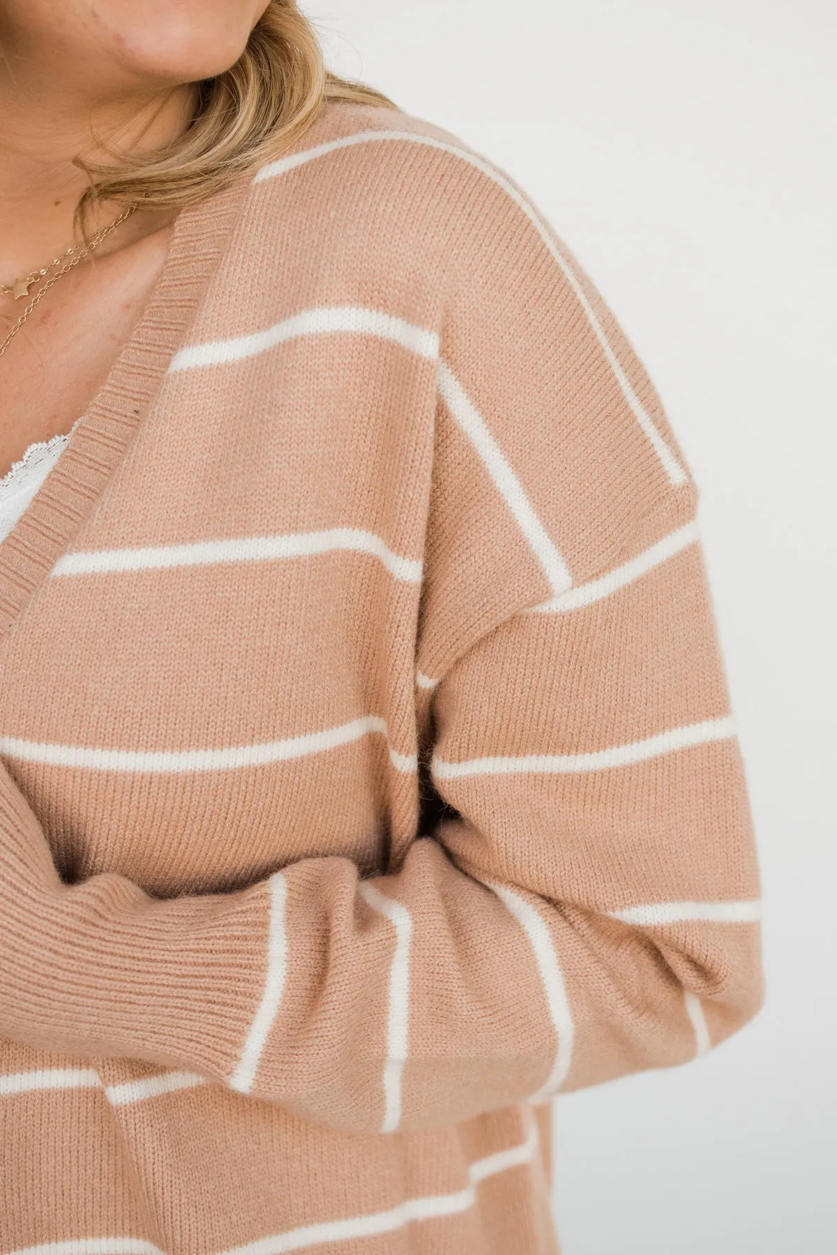 No Apologies Striped Button Cardigan- Beige