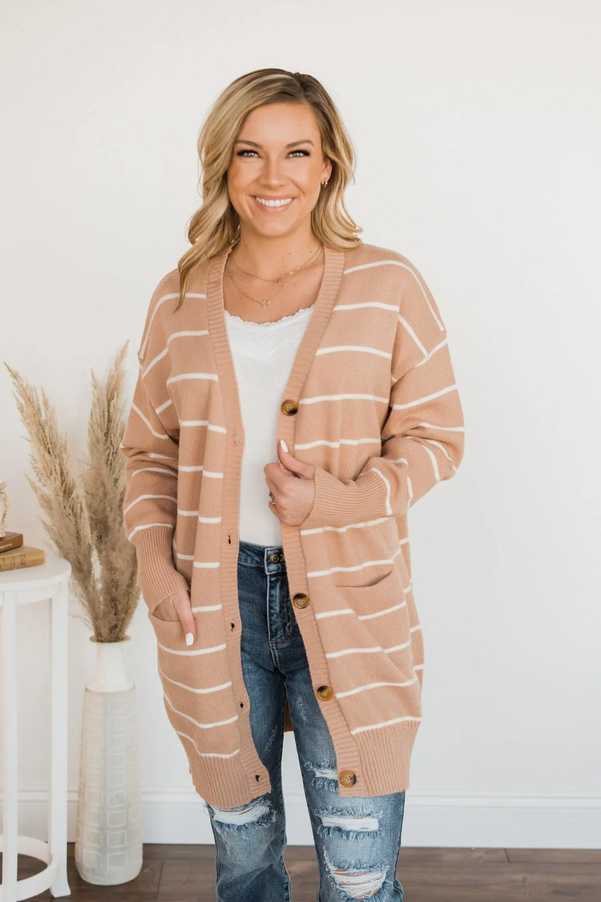 No Apologies Striped Button Cardigan- Beige