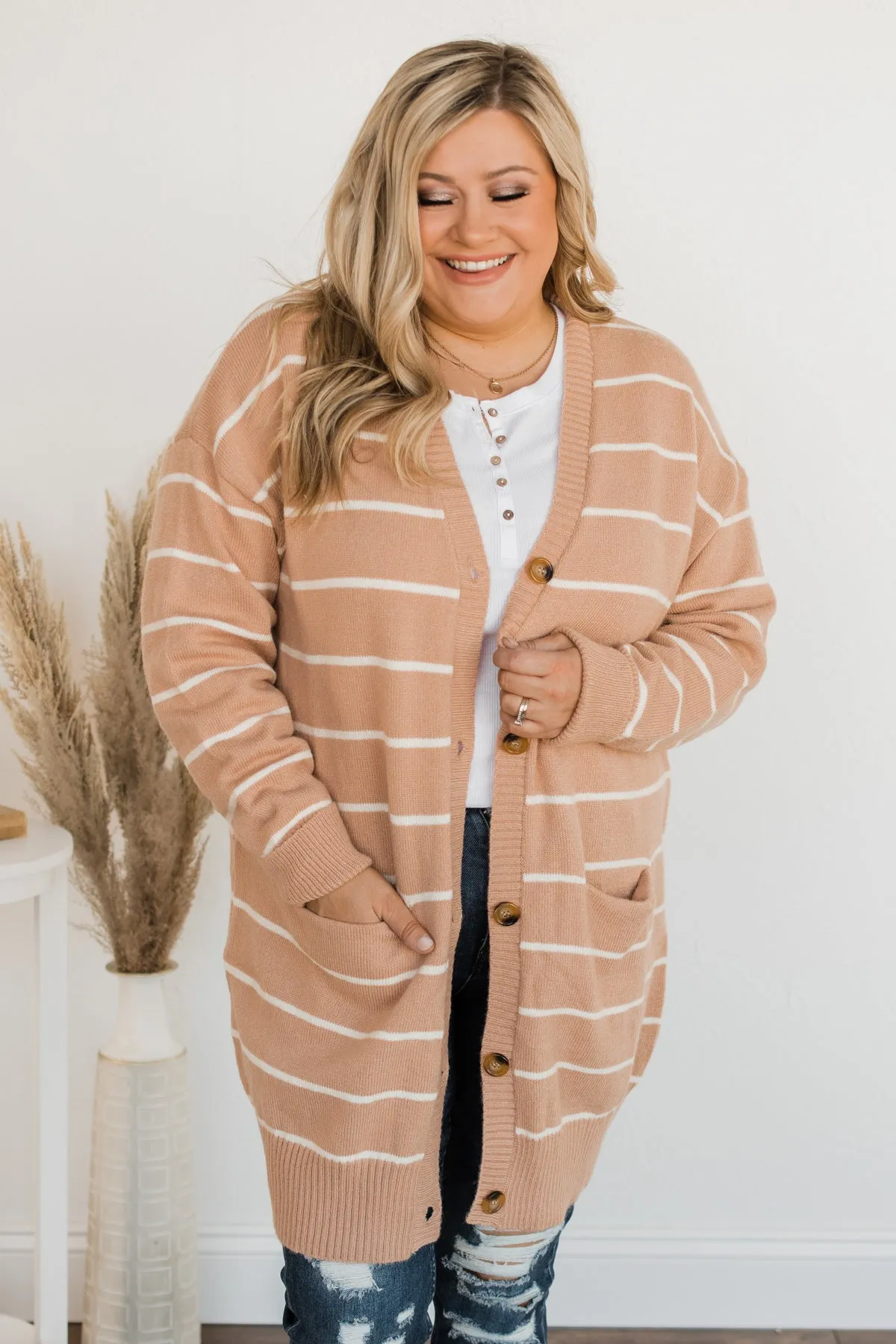 No Apologies Striped Button Cardigan- Beige