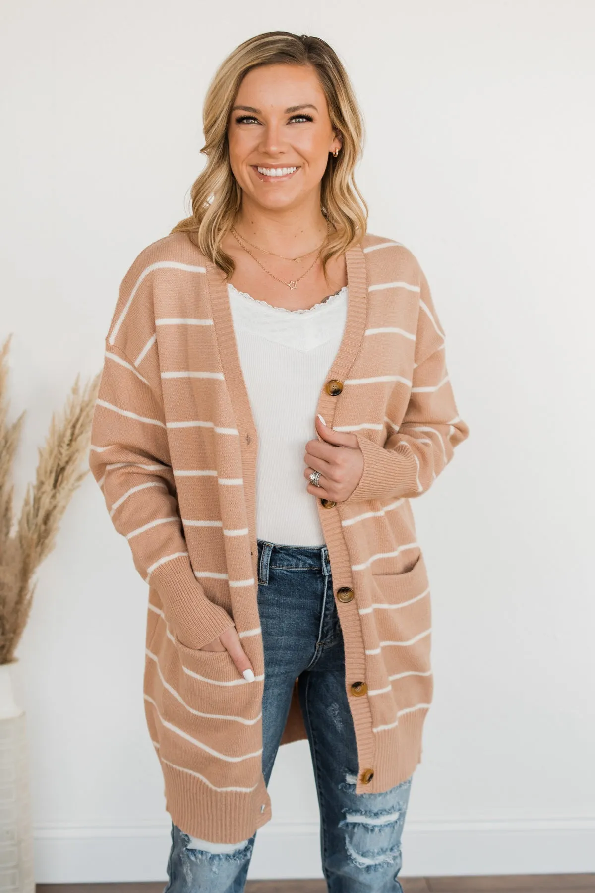 No Apologies Striped Button Cardigan- Beige