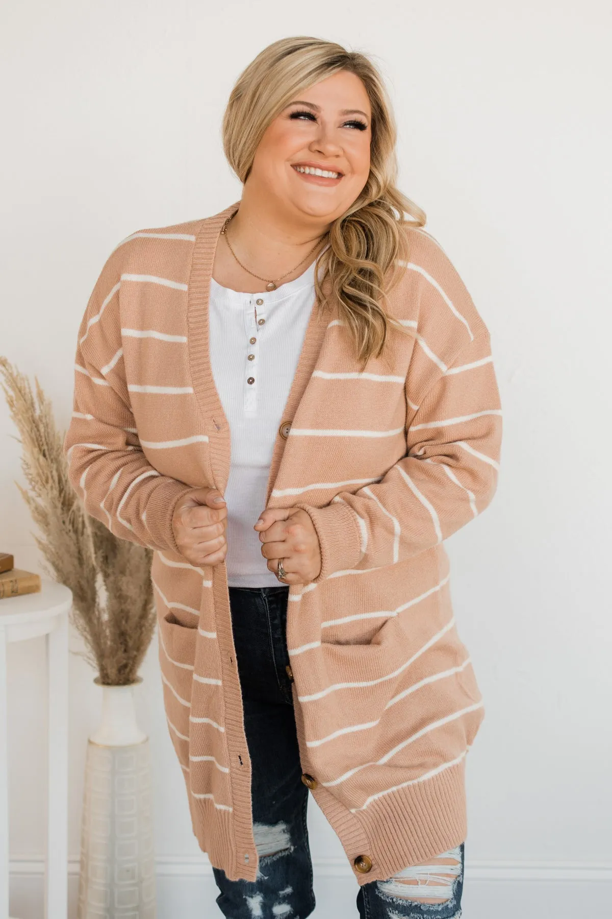 No Apologies Striped Button Cardigan- Beige