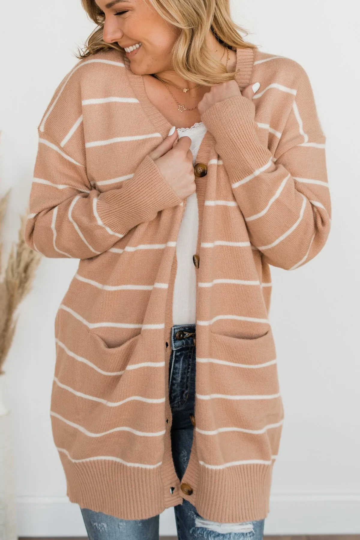 No Apologies Striped Button Cardigan- Beige