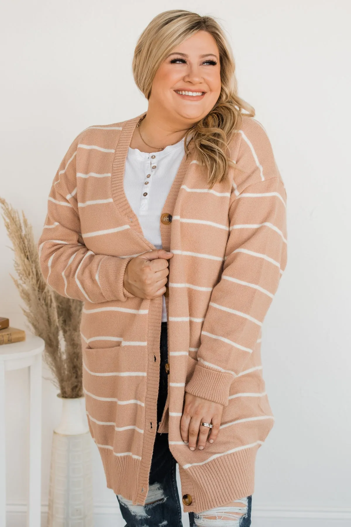 No Apologies Striped Button Cardigan- Beige