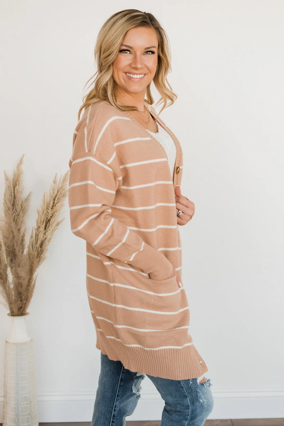 No Apologies Striped Button Cardigan- Beige