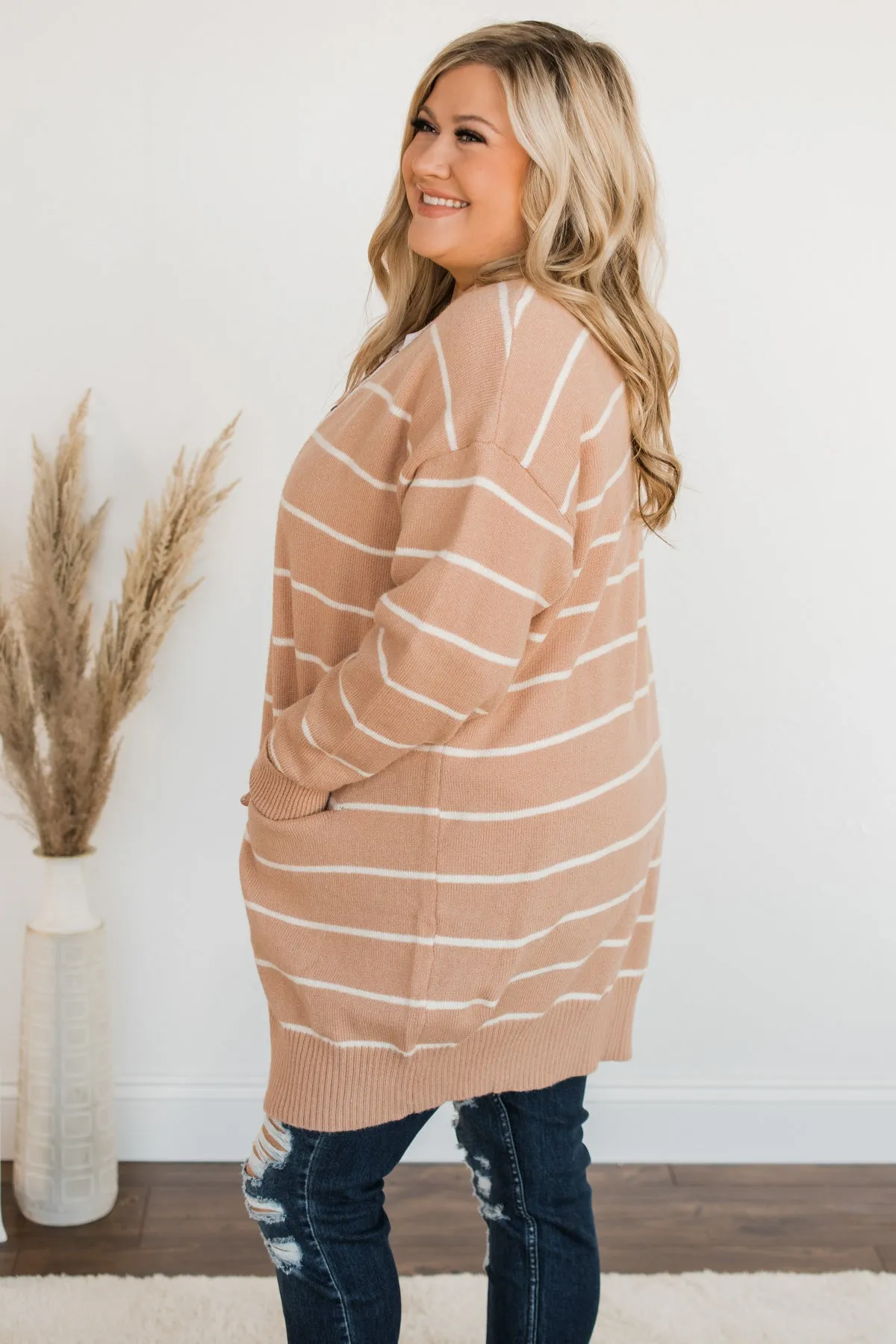 No Apologies Striped Button Cardigan- Beige