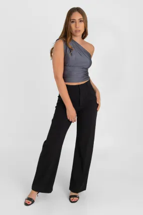 Pantalón fit wide leg cintura alta con pinzas