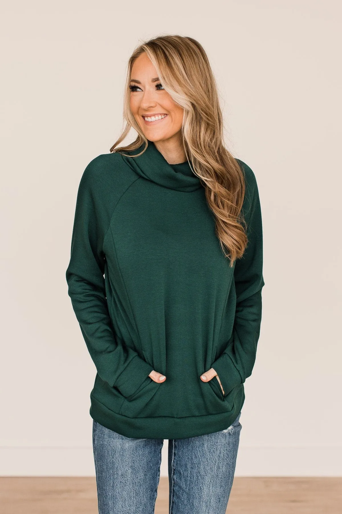 Perfectly Content Cowl Neck Top- Hunter Green