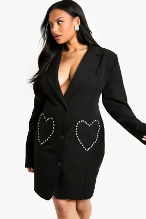 Plus Rhinestone Heart Pocket Blazer Dress