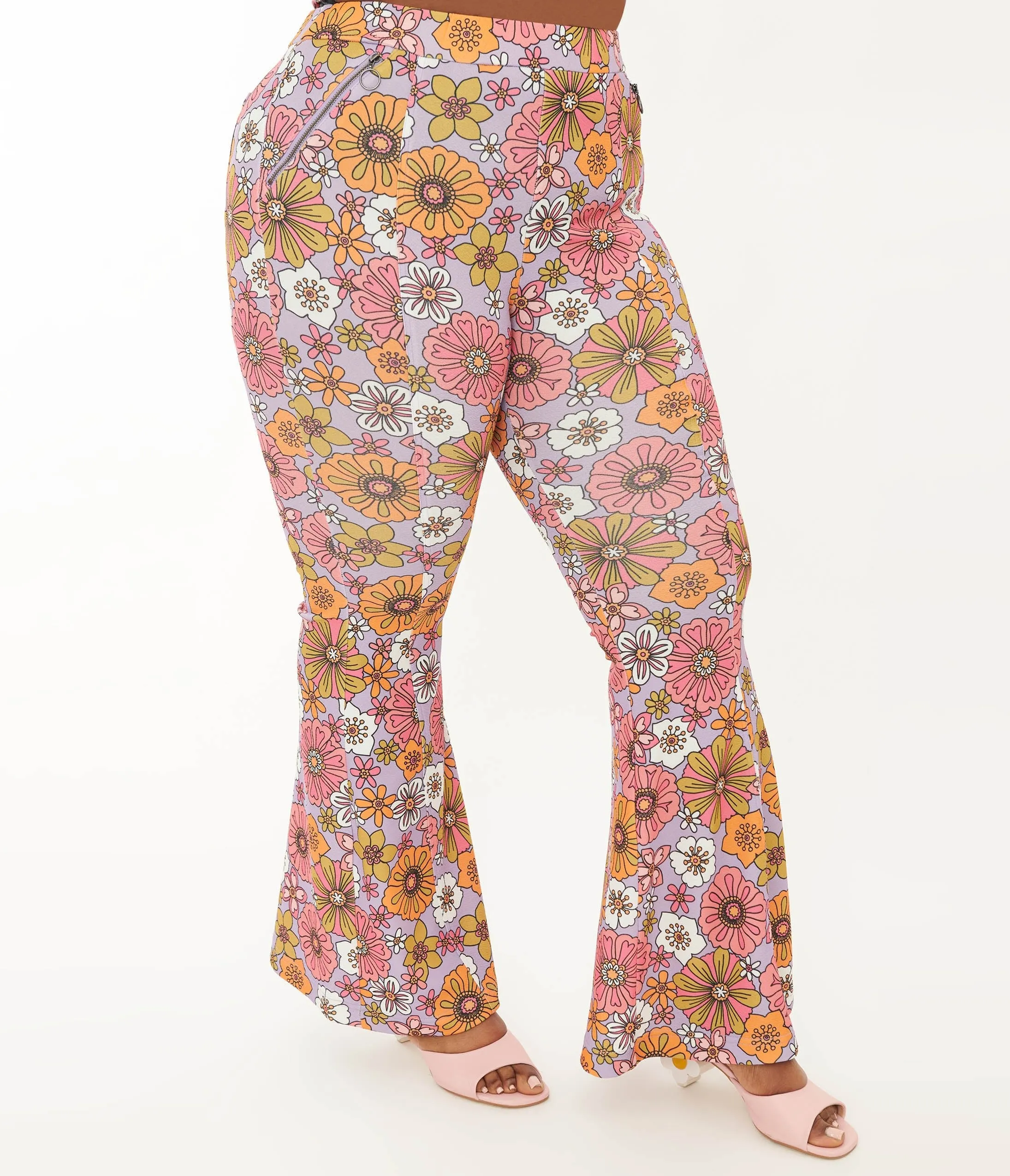 Smak Parlour Plus Lavender Retro Bloom Zipper Pocket Flare Pants