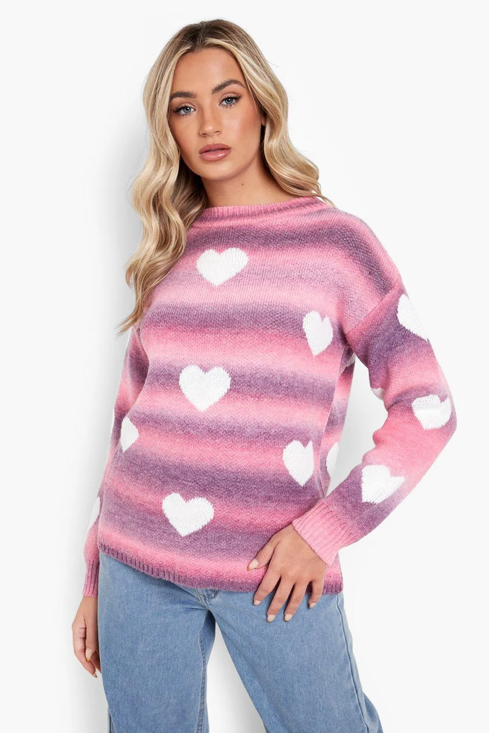 Soft Knit Heart Print Ombre Sweater