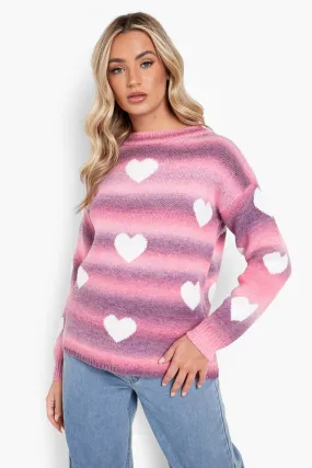 Soft Knit Heart Print Ombre Sweater