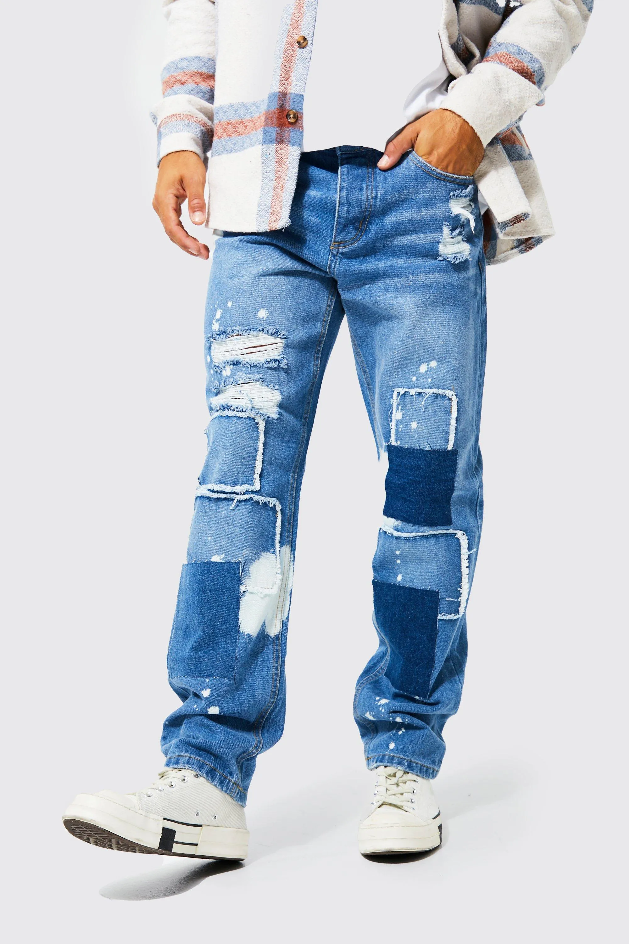 Straight Leg Patchwork Bleached Jeans | boohooMAN UK