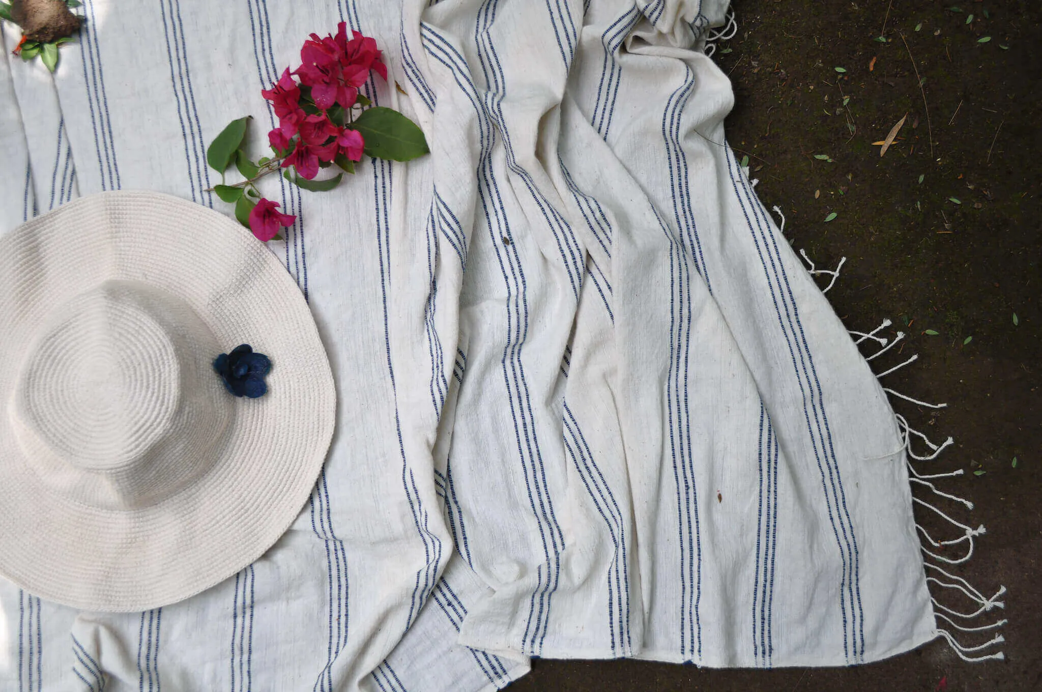 Striped Cotton Beach Towel in Beige, Blue